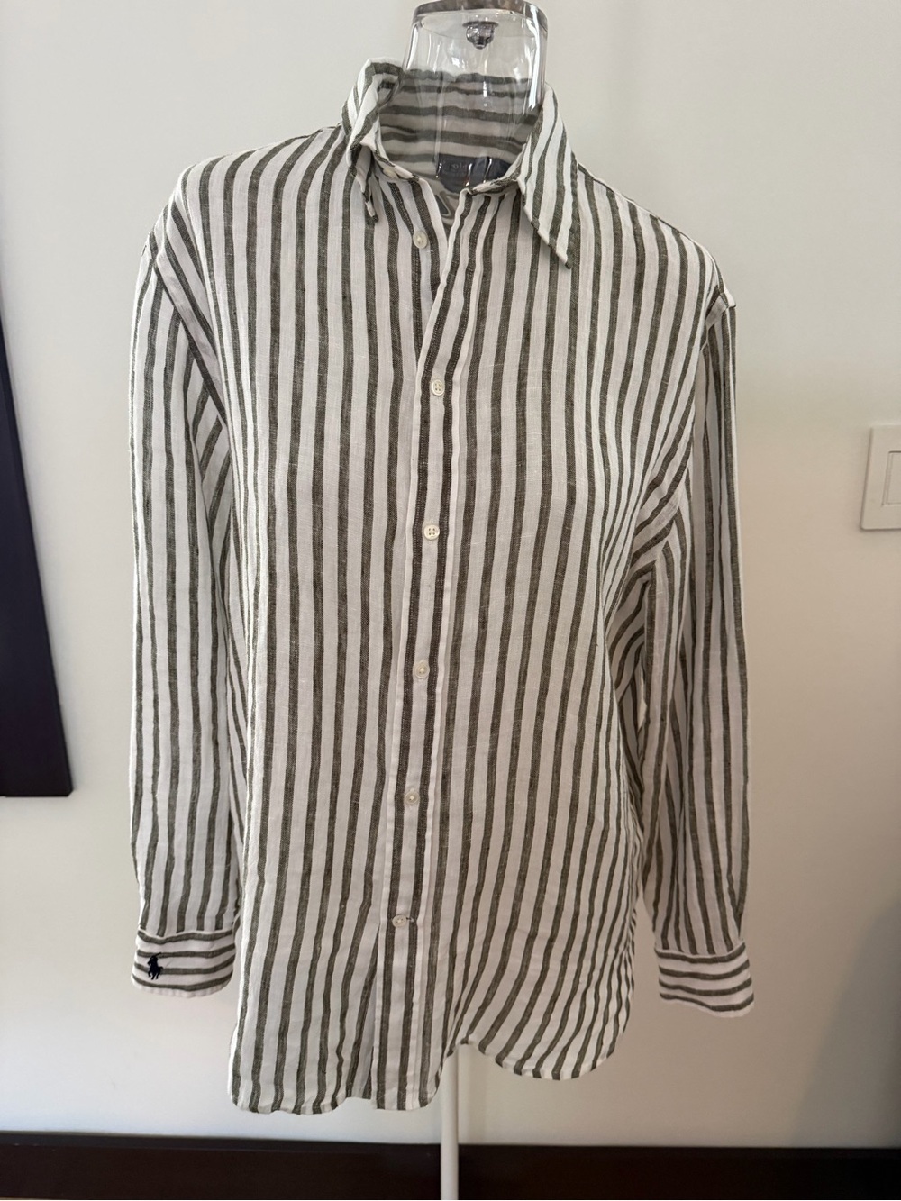 Ralph Lauren Olive and White Vertical Stripe Button-Down Linen Oversized Shirt